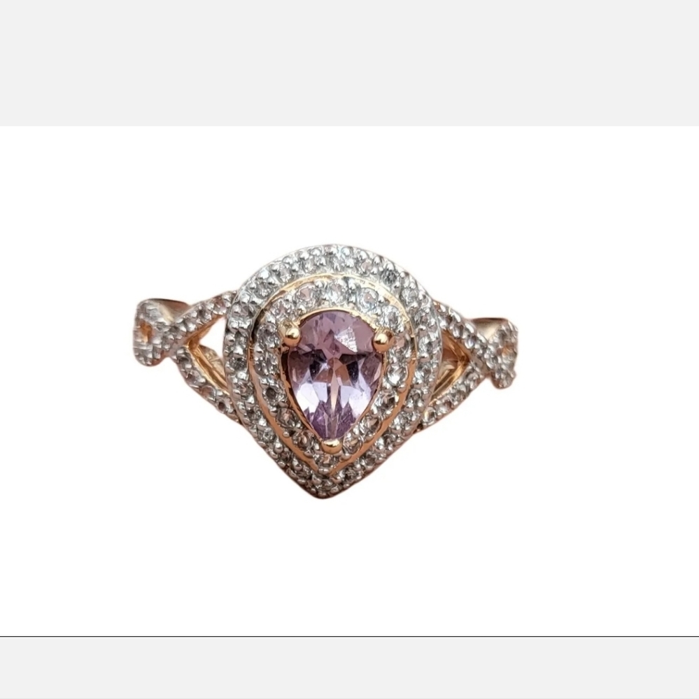 Stunning Pear Cut Natural Amethyst and Zircon (not cz) Ring 14kt Gold over 925